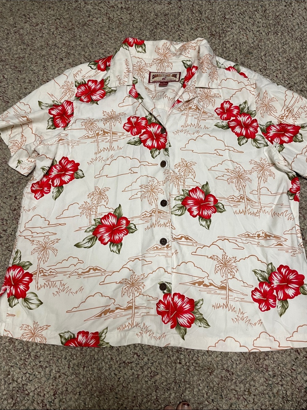 Caribbean Joe White Camp Shirt with Red Floral Print- almost new